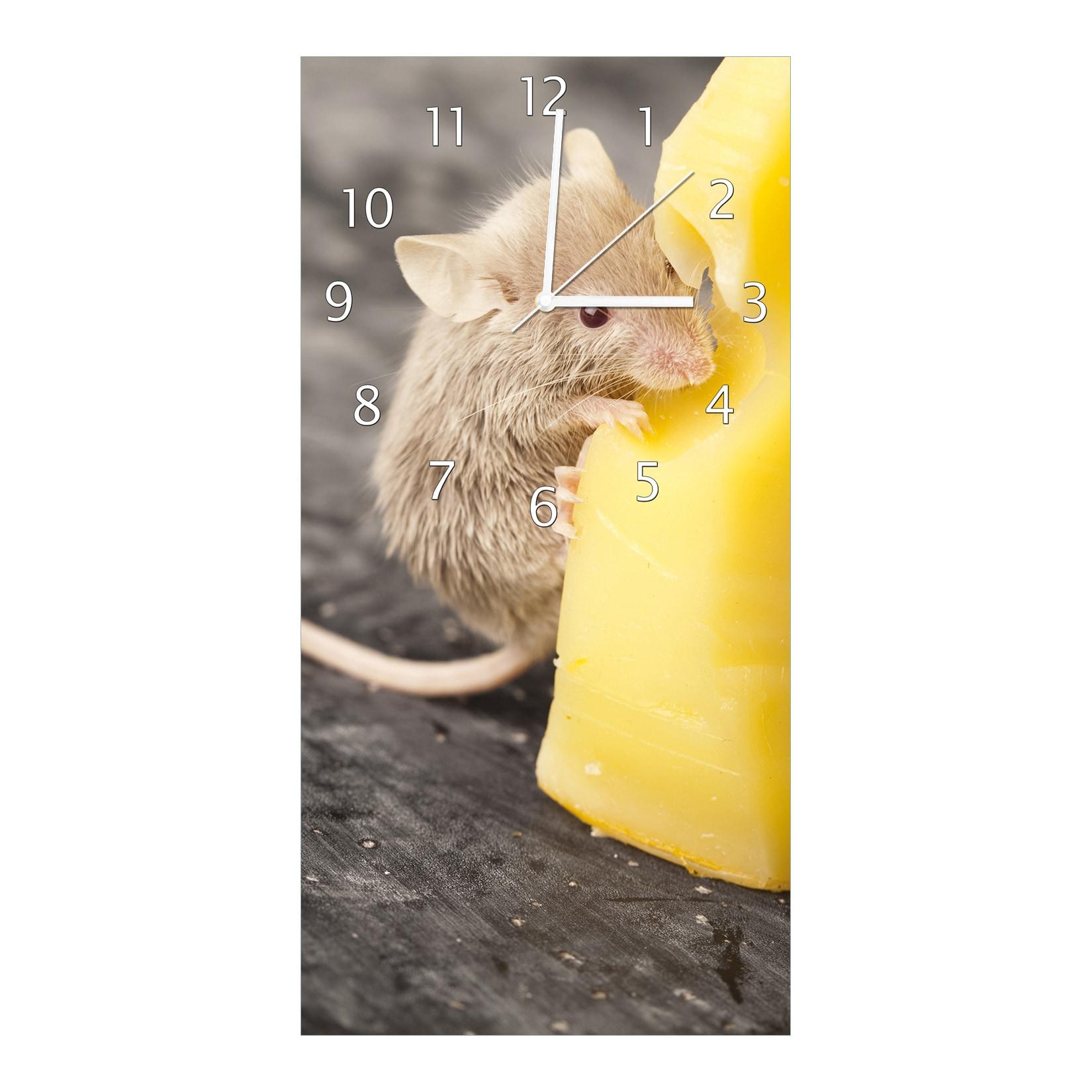 Wallario Uhr 20 x 20 cm, weiße Zeiger Süße Maus knabbert an einem Käse in der Küche