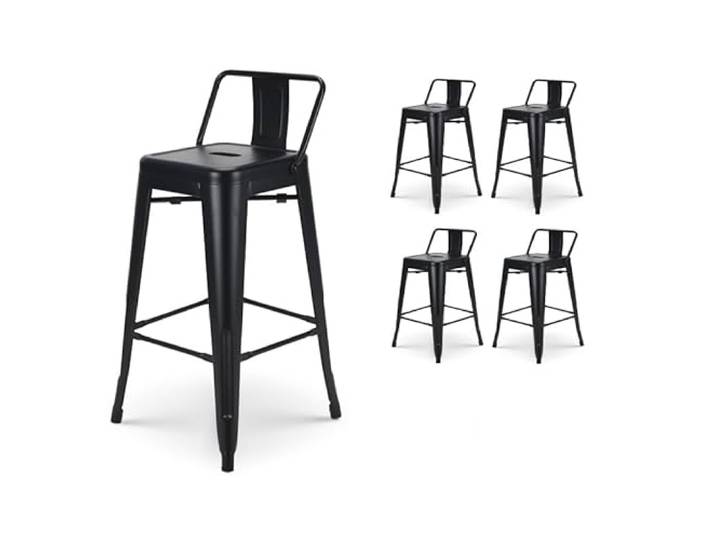 Kosmi 4er Set Barhocker Industrie Metall Schwarz – Sitzhöhe 76 cm – Mit Abnehmbarer Rückenlehne – Stapelbar ohne Rückenlehne – Mit Fußstütze – Für Kücheninsel, Bartisch, Stehtisch, Gastronomie