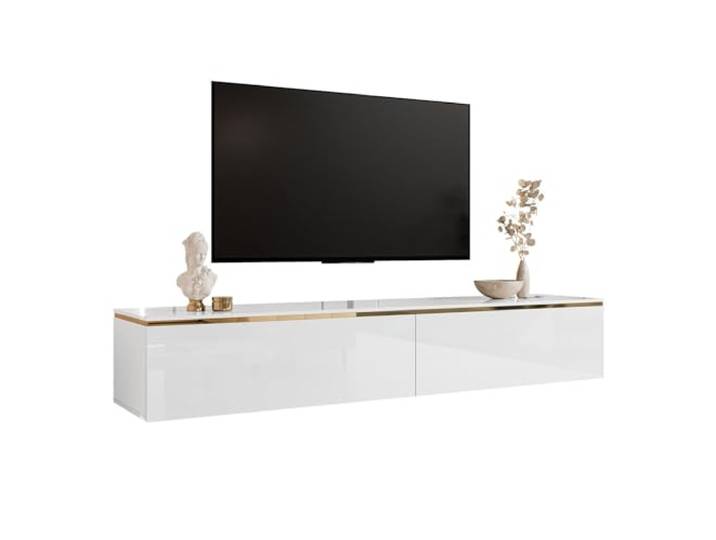 lukmebel - TV-Schrank Sideboard für Wohnzimmer Lowboard TV-Board Fernsehschrank - Fernsehtisch RTV-Schrank Hängend - 180x40x32 - Glanz Weiß Gold - Aurora