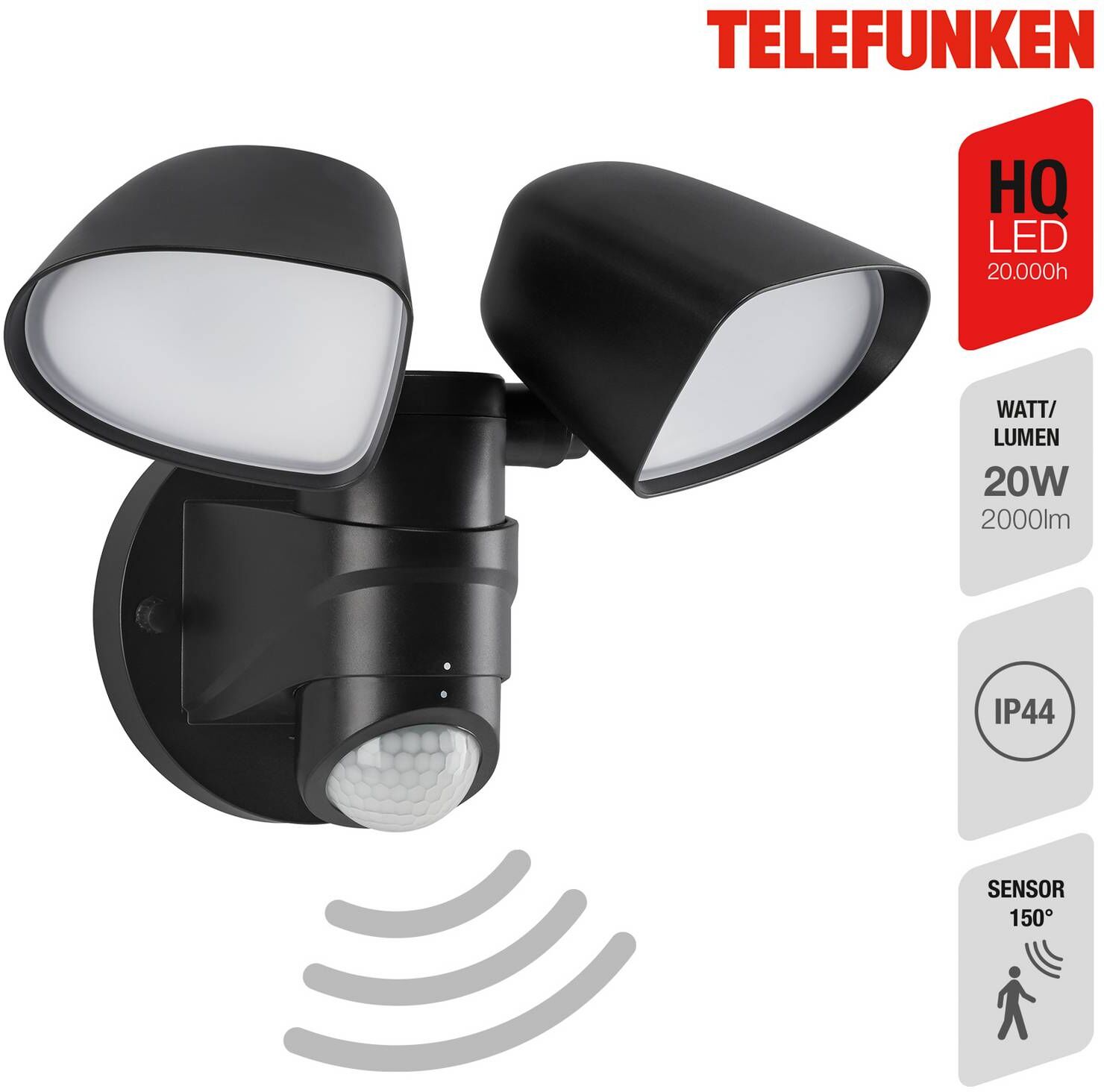 Telefunken Outdoor Sensor Wall Light Bilbao, Black, Plastic, Modern, Outdoor Wall Light