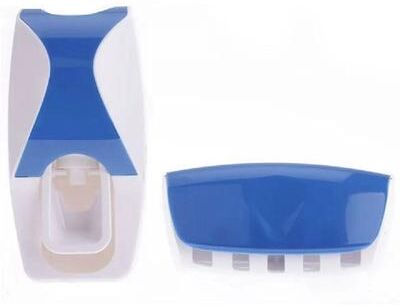 Universal Stock Space Saving Wall Mounted Toothbrush Holder With Automatic Toothpaste Dispenser And Cup Organizer blue