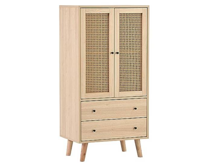 Ropilly Sideboard mit Türen und Schubladen Eiche 60 x 40 x 120 cm Eiche-Finish mit Rattan-Türen, 2 Türen und 2 Schubladen für flexible Aufbewahrung