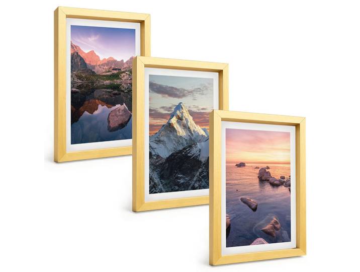 Tulup Bilder SET 3er Set - 20x30 cm Goldrahmen - Berglandschaften im Hintergrund, Goldfarben, Kunststoff, Rechteckig, 20x30 cm, Fotografie, Bilder & Rahmen, Bilder