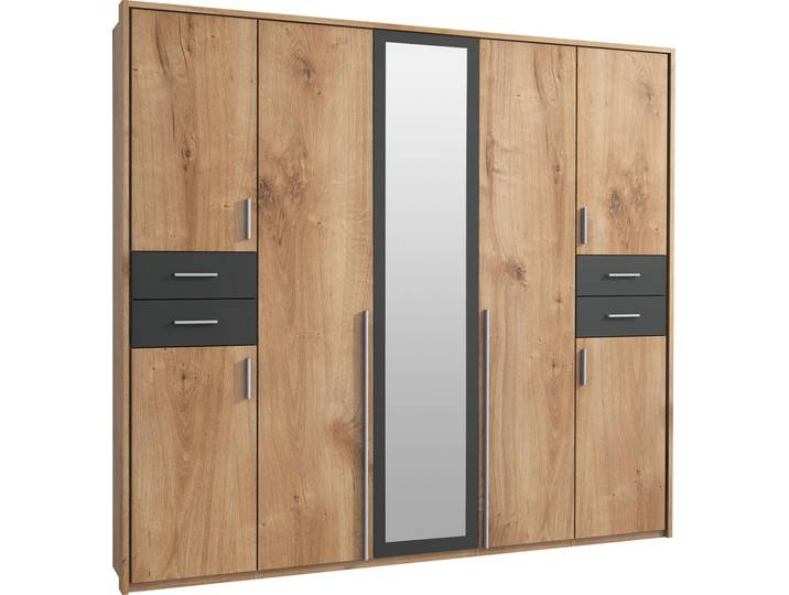 Drehtürenschrank WIMEX Vegas , grau (plankeneichefb, graphit, griffe alu), B:228cm H:210cm T:58cm, Holzwerkstoff, Schränke, Drehtürenschrank, inklusive Passepartout-Rahmen, mit Spiegeltüren und Schubladen