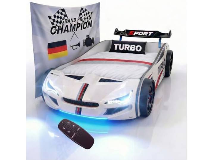Coemo Autobett GTE Kinderbett 90x200 Rennwagenbett, Farbe Weiß Sound Hupe Motor, LED-Leuchte Bett Sportwagen-Design Spoiler, Rennwagen Design, Racing-Aufklebern und markanter Fahrzeugfront