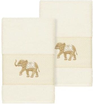 Authentic Hotel and Spa Turkish Cotton Elephants Embroidered Cream 2-piece Towel Hand Set