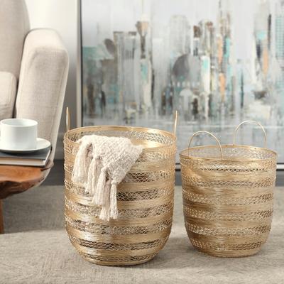 ARCILLA ELEMENTAL Gold Metal Open Frame Wire Decorative and Functional Storage Basket with Zig Zag Patterns (Set of 2)