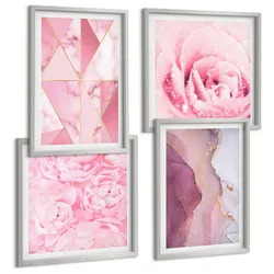 BILDER SET 4er Set - 50x50 cm & 40x60 cm Silberner Rahmen - Rosa geometrische Pfingstrosen