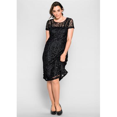 Spitzenkleid SHEEGO "Spitzenkleid", Damen, Gr. 58, Normalgrößen, schwarz, Spitze, 100% Polyamid, unifarben, knielang, Rundhals, Kleider