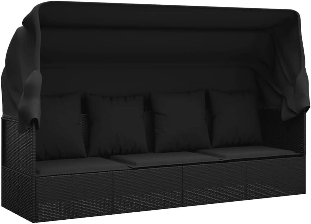Schwarzes Outdoor-Loungebett aus Poly Rattan mit Dach und Kissen, 26.2kg