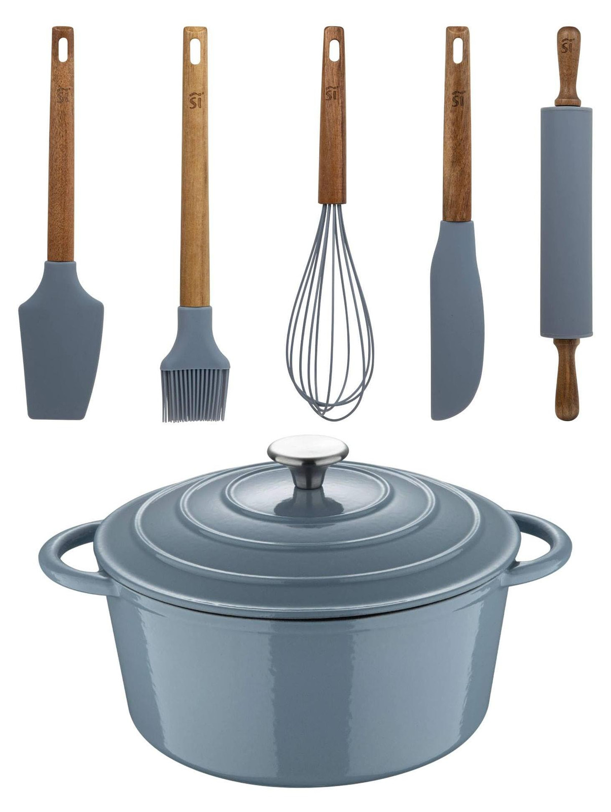 Dripio Gietijzeren Kokpan met Deksel en 5-delige Set Keukenhulpmiddelen, 5 liter, 25,5 cm