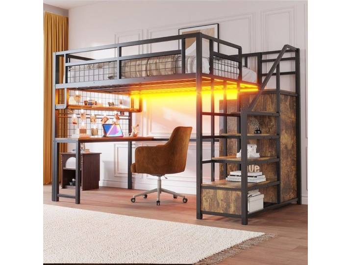CollaHausse Lit Mezzanine 140x200 cm Noir en Métal avec Échelle-Rangement Penderie Bureau et LED