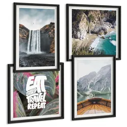 BILDER SET 4er Set - 50x50 cm & 40x60 cm Schwarzer Rahmen - Wasserfall Bergreise Natur