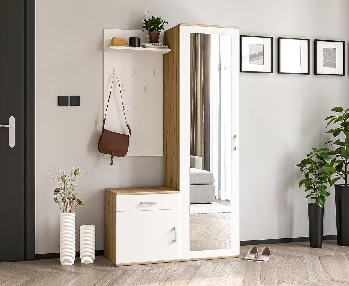 Garderobe set entree meubel met spiegel en lades - Eiken wit - Breedte: 100 cm