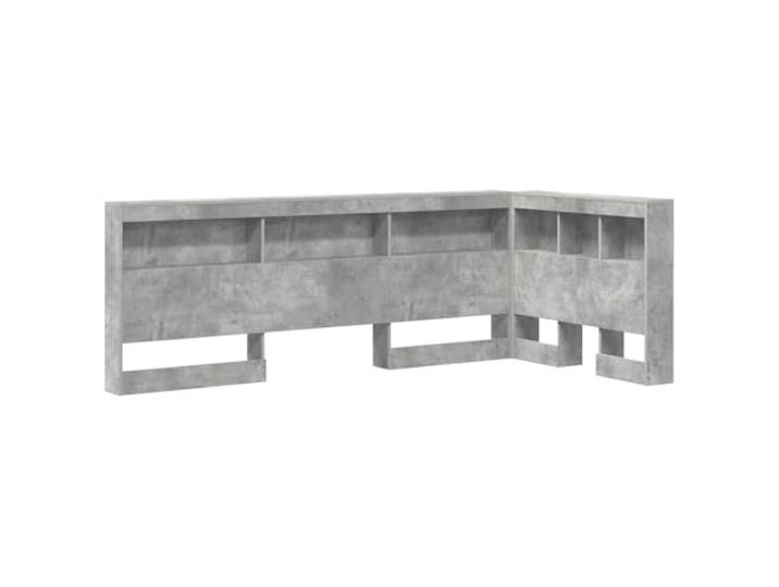 Kopfteil, Grau, Beton, aus Holz, mit Station Technisches Holz, Stahlrahmen, L-Struktur, Ablageflächen, integrierte Steckdosen, freistehend, Montage