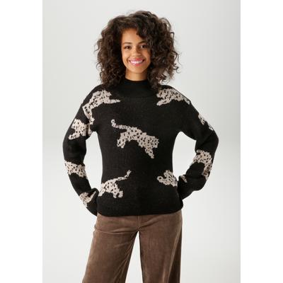 Strickpullover ANISTON CASUAL, Damen, Gr. 38, schwarz (schwarz, beige), Strick, Obermaterial: 100% Polyacryl, Jacquardmuster, lässig geschnitten hüftlang, Strickkante, Pullover Strickpullover, mit eingestrickten Leoparden