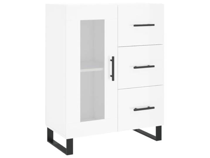 Fisinber Sideboard Hochglanz-Weiß 69,5x34x90 cm Kommode mit Glastür Vielseitiges Aufbewahrungsmöbel fürs Wohnzimmer mit Glasschrank, Schubladen und stabilen Metallbeinen in Weiß.
