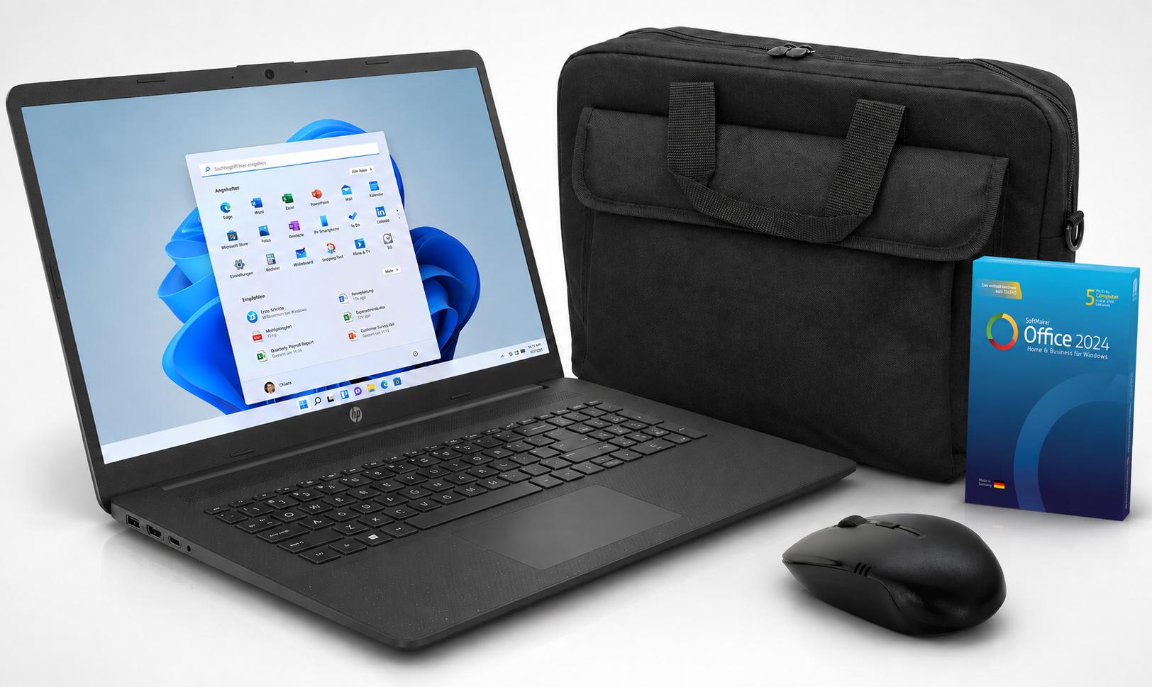 HP Laptop 17,3" Intel N200, 16 GB, 256 GB SSD, Full HD+IPS, Win 11 Pro + Office 2024 von Softmaker, Tasche und Maus