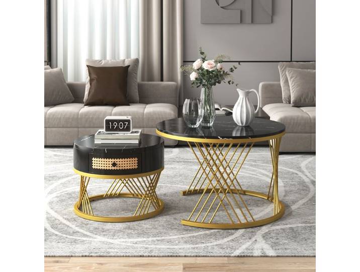 Table basse - 2 en 1 empilable - Plateau marbre - Tiroirs rotin plastique - Pieds fer doré