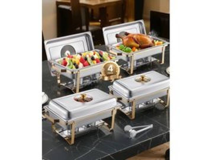 VEVOR Chauffe-Plat Rectangulaire 4PCs 7,5 L, Buffet Chauffant avec 4 Bacs Pleine Taille, Réchaud en Acier Inoxydable, Couvercle en Verre, pour Buffet Libre-Service Hôtel Traiteur Restauration, Doré