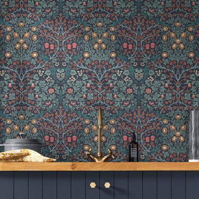 Vliestapete "Blackthorn", blau (blau1), B:10m L:2,5m, Vlies, WILLIAM MORRIS AT HOME, Tapeten, Designer Tapete, 10mx52cm (ca. 5m2)
