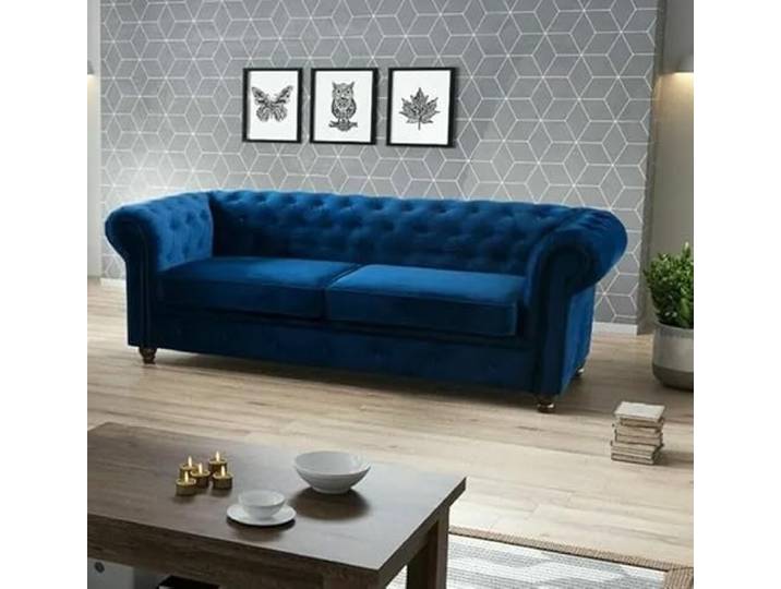 Easy4You Chesterfield Blauer Plüsch Velvet 3-Sitzer Sofa 225x74x88 cm Sofas für Wohnzimmer Sofagarnituren mit Holzfüße Set Sofas & Couches