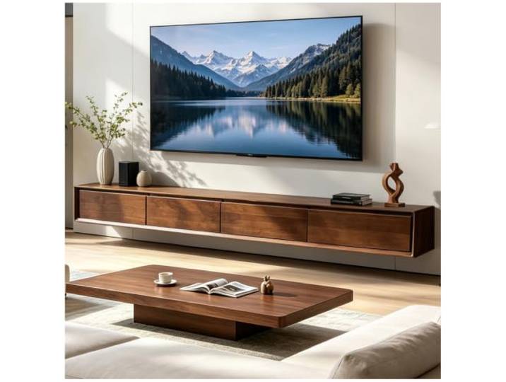 ZGCSINNK Schwebendes TV Lowboard Walnussoptik, TV Hängeschrank Wandmontage, vormontiertes TV Board mit 2 Schubladen & 2 Klapptüren, modernes TV Möbel für Wohnzimmer (Walnuss, 200CM)