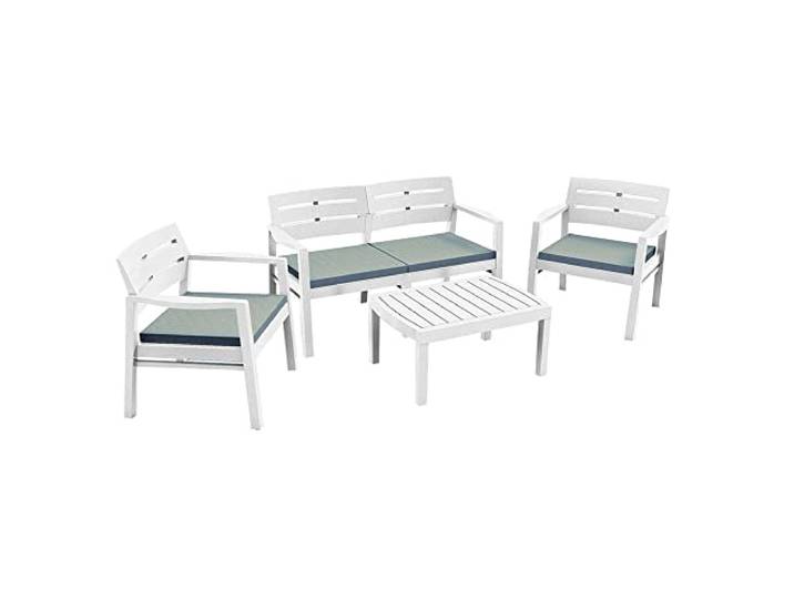 Outdoor-Lounge mit 2 Sesseln 1 Sofa 1 Couchtisch mit Kissen, Made in Italy, weiße Farbe