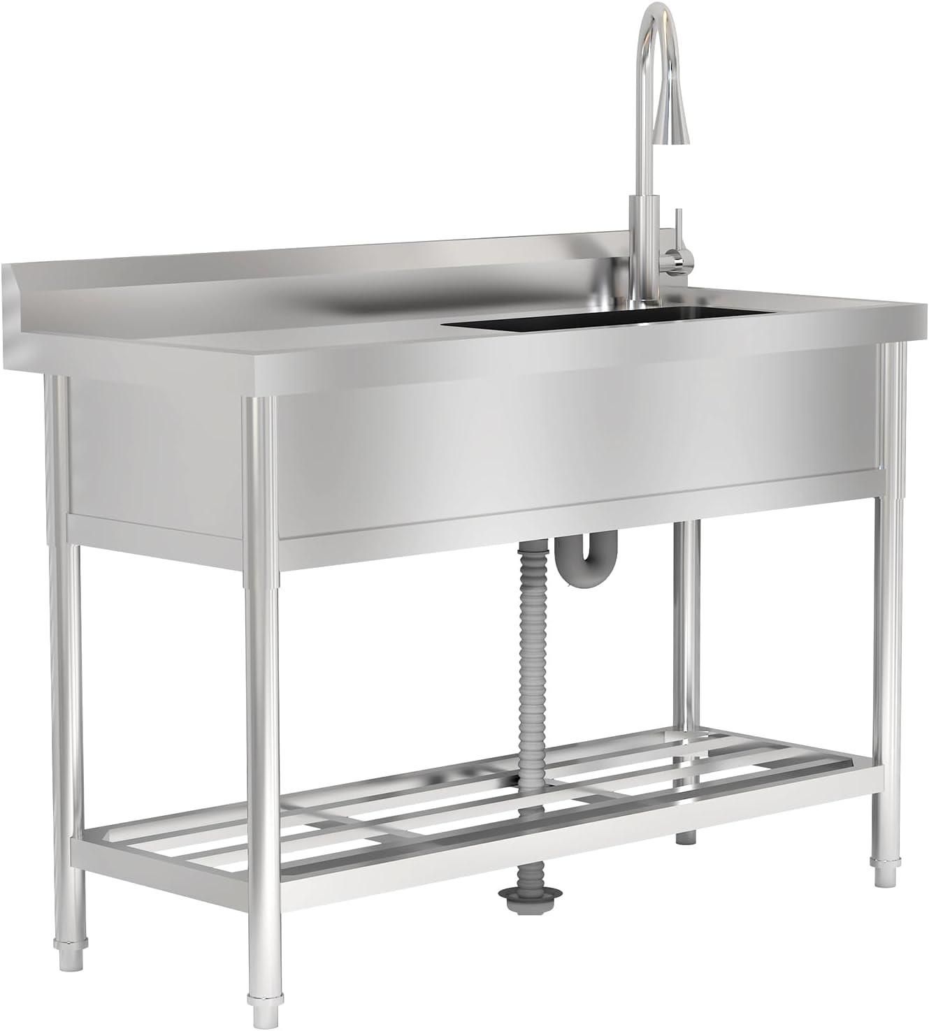 Edelstahl Werkbank mit Spülbecken, Freistehende Einzelbecken-Spüle mit Ständer und Wasserhahn, Für Außenbereich, Garten, Küche, Restaurant, Garage, 120x51x94 cm
