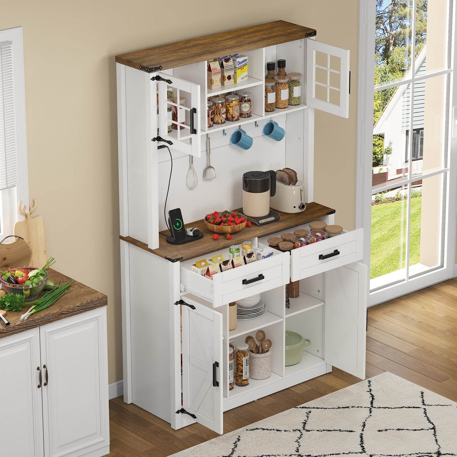 OKWISH Keukenmeubel Dressoir met LED-verlichting en Lades, Wit