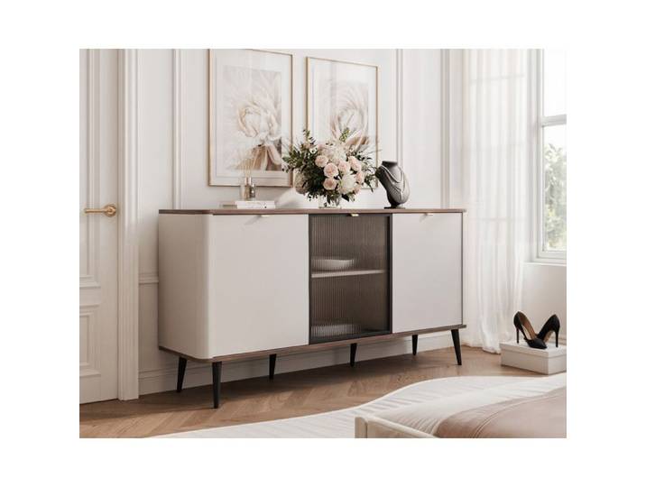 Commode Salon avec Vitrine NAVANI - Commode Chambre - 160x40x82 cm - 3 portes - Cachemire/noyer