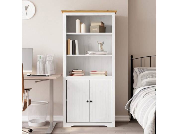 SALE 2025 Bibliothèque Moderne - Colonne Étagère BODO blanc and marron 82x40x173 cm bois massif pin 32 Kg 5583