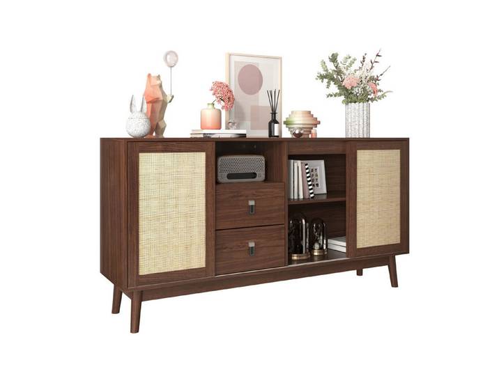 Odikalo Sideboard Schrank Schiebetüren echtem Rattan Schubladen, 155x38x80 cm