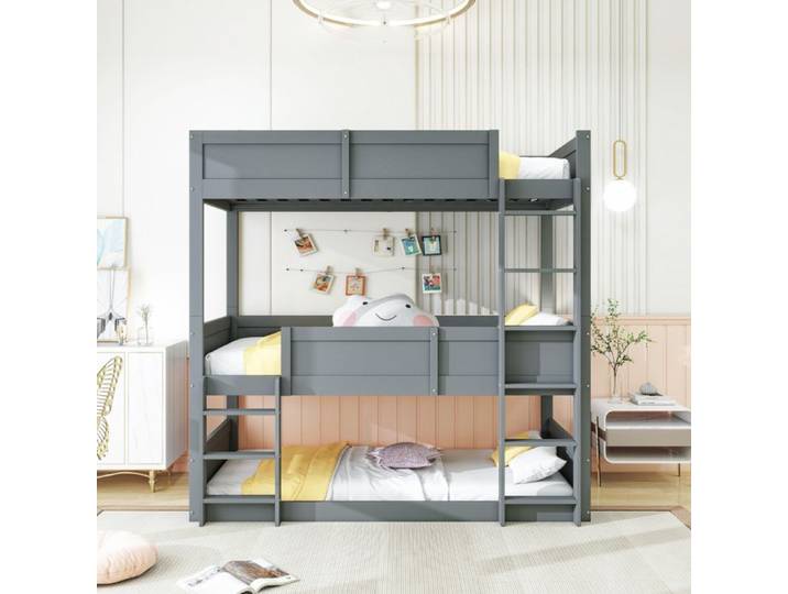 Lit Mezzanine Mezzanine en Bois 90×200 cm Design clôture Haute lit Enfant 3 Personnes Lattes en Bois Massif Gris (sans Matelas)