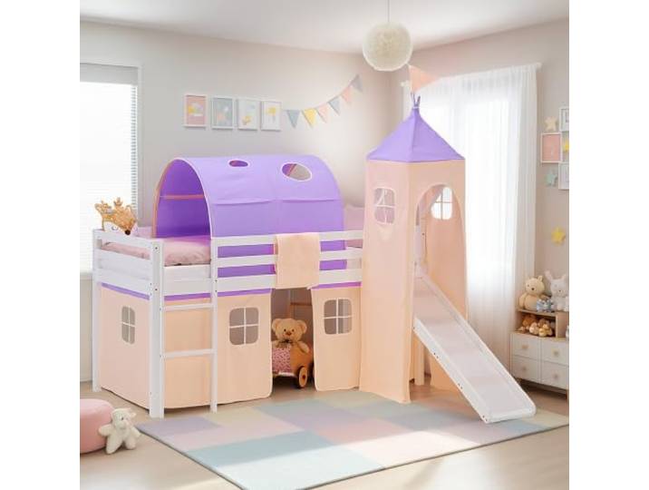 Homestyle4u Hochbett Kinder 90x200 mit Rutsche Matratze & Lattenrost Weiß Kinderbett aus Kiefer Massivholz - Etagenbett Set mit Turm, Tunnel & Vorhang - Beige Lila - Mädchen Rausfallschutz