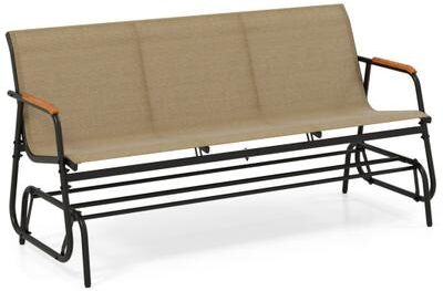 Costway Patio Glider Bench with Curved Teak Armrests and Breathable Fabric Seat for 3 People-Brown