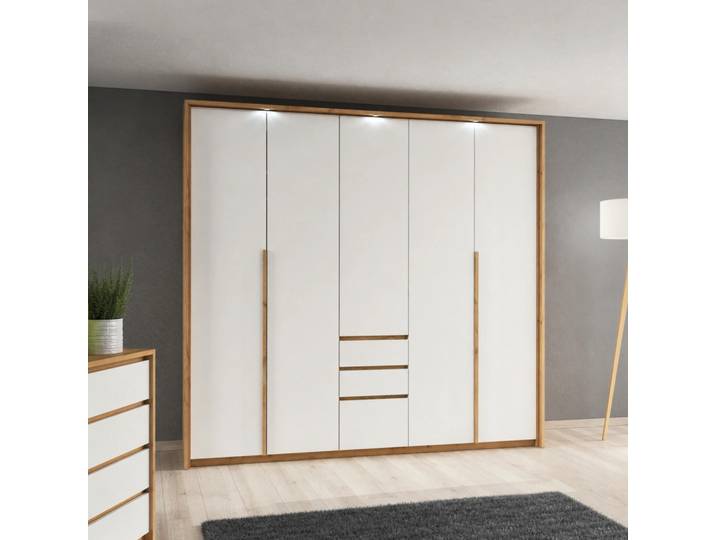 Kleiderschrank Falttürenschrank CORSA 230 cm Weiß Eiche Craft Gold LED Beleuchtung Schubladen