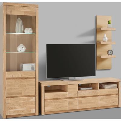 Wohnwand OTTO HOME "Silkeborg: 3-teilig, Breite: 220cm, Griffmulden, Fronten Massivholz", braun (eiche teilmassiv), Holzwerkstoff eichefarben (Korpus) / Massivholz Eiche (Front), Holz teilmassiv, Kastenmöbel-Sets, Wohnwand, Set besteht aus 1Vitrine,...