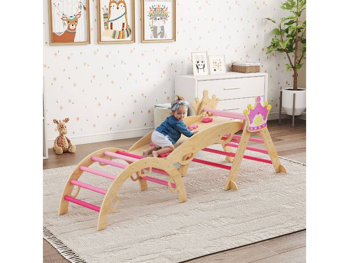 AIYAPLAY Triangle Escalade Bois 8 en 1 Rose avec Arche et Rampe