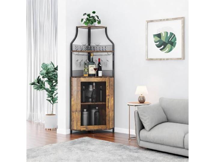 GarveeMore Eck-Bar- Und Weinschrank – Abnehmbares Weinregal Glashalter – Gittertür – 5-stöckig – Verstellbare Einlegeböden – Stauraum für Spirituosen & Gläser – Industrial-Look