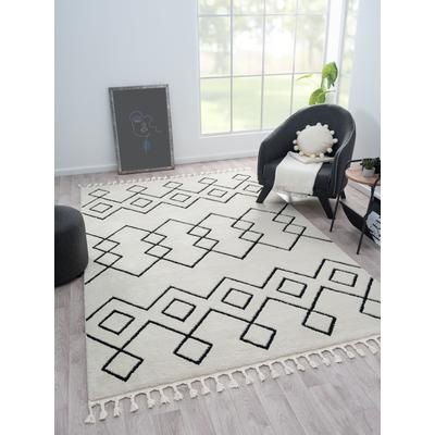 Hochflor-Teppich "Moroccan Mural", schwarz-weiß (weiß, schwarz), B:200cm H:24mm L:290cm, Polyester, Polypropylen (PP), MYFLAIR MÖBEL & ACCESSOIRES, Teppiche, Fransenteppich, modern, marokkanisches Design, flauschig weich, mit Fransen