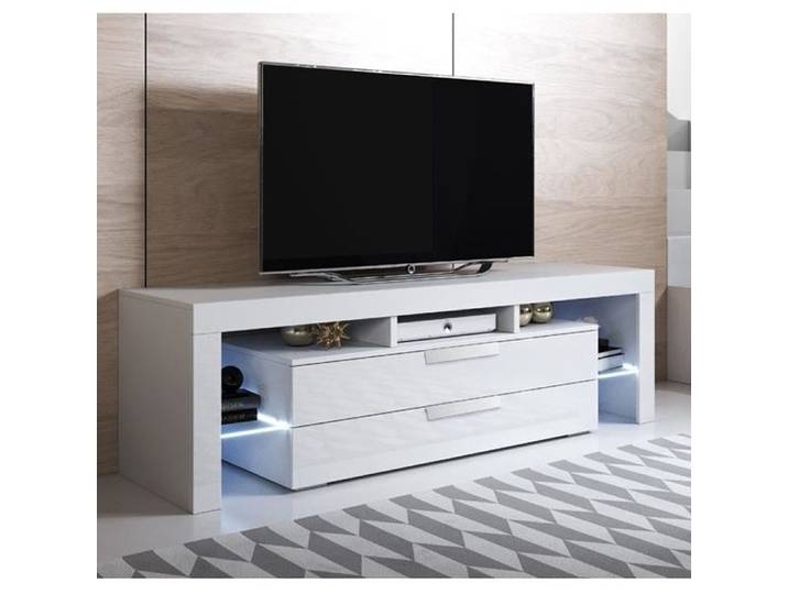 Meuble TV - Selma - 2 tiroirs - LED - Blanc Finition brillante
