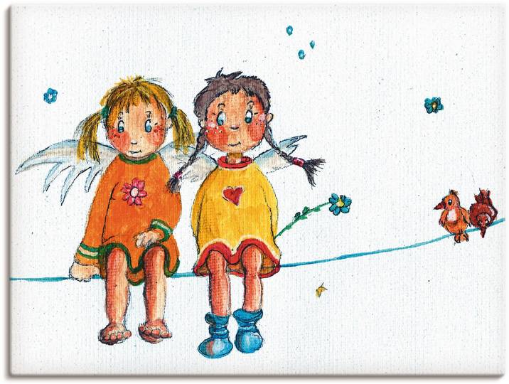 Leinwandbild ARTLAND Zwei Engelchen sitzen auf Wäscheleine , weiss (farbe bild(er): weiß), B:60cm H:45cm, Bilder, Leinwandbild, auf Holzrahmen gespannt