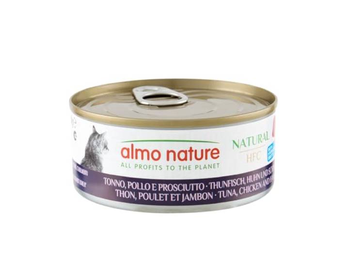 Almo Nature - HFC Natural met tonijn, kip en ham - natvoer voor volwassen katten: 24 blikjes van 150 g