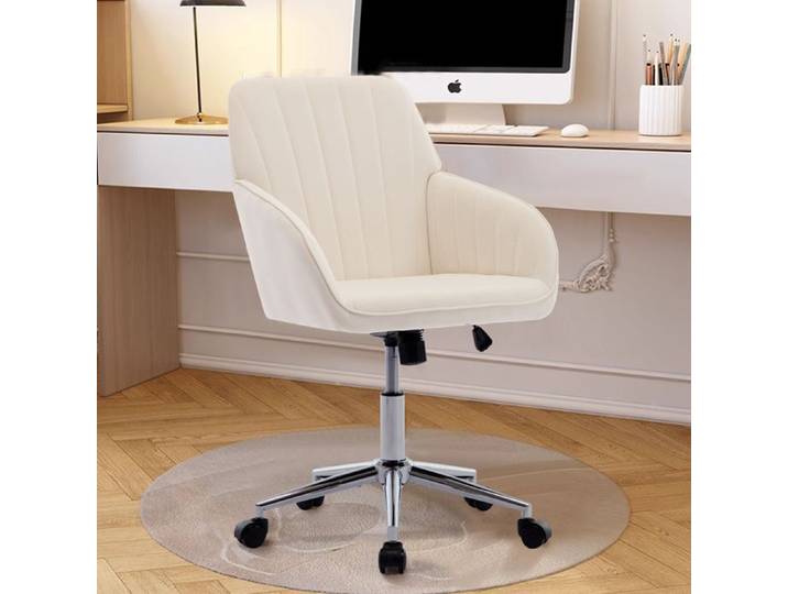 Chaise de Bureau Ergonomique - BELLEMAVE - Hauteur Réglable - Chaise Pivotante - Velours - Pour Chambre et Bureau - Blanc