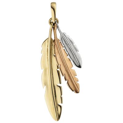 Kettenanhänger JOBO "Anhänger Drei Federn 28 mm", goldfarben, Schmuckanhänger, Damen, Silber 925 (Sterlingsilber), Kettenanhänger, 333 Gold Tricolor
