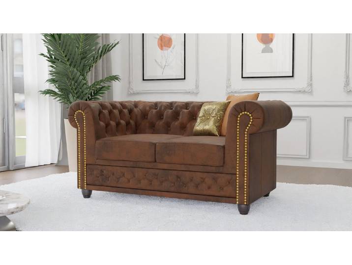 S-Style Möbel Chesterfield-Sofa Anton 2-Sitzer Sofa mit Schlaffunktion mit Holzfüßen, Mit Wellenfederung