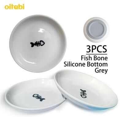 Uplift Treasures Ceramic No Spill Cat Bowl Set grey Fish Bone 3pcs