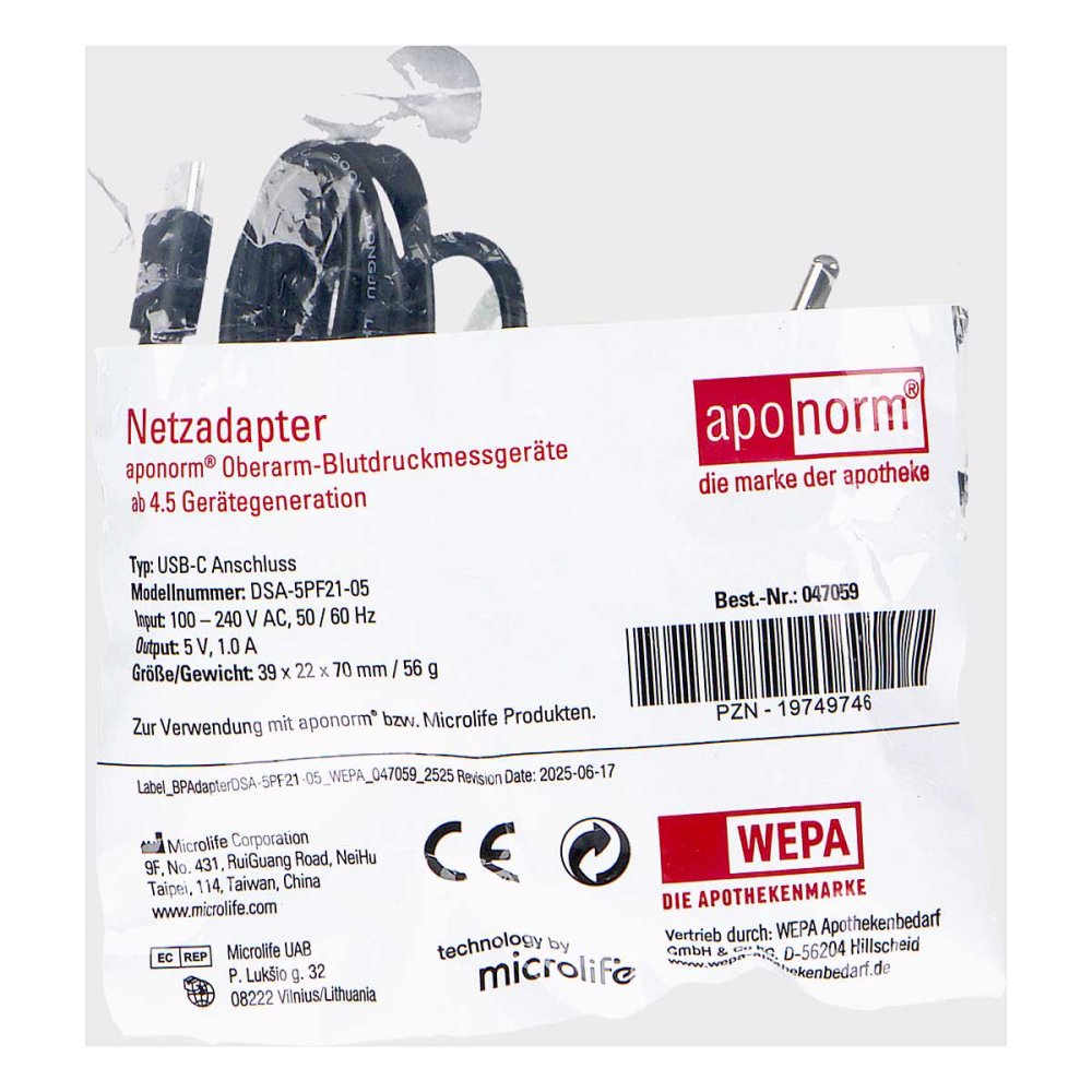 WEPA Apothekenbedarf GmbH & Co KG Aponorm Blutdruckmessgerät Netzadapter USB-C Oberarm 19749746
