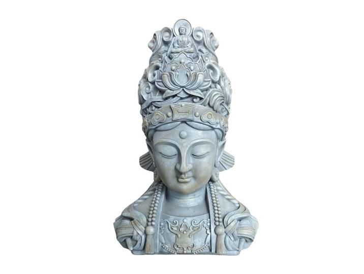 Relaxdays Buddha-Büste Hellgrau Beige Polyresin Steinoptik 44 cm, Grau, Kunststoff, 32x44x21 cm, Dekoration, Dekofiguren & Skulpturen, Buddha-Statuen